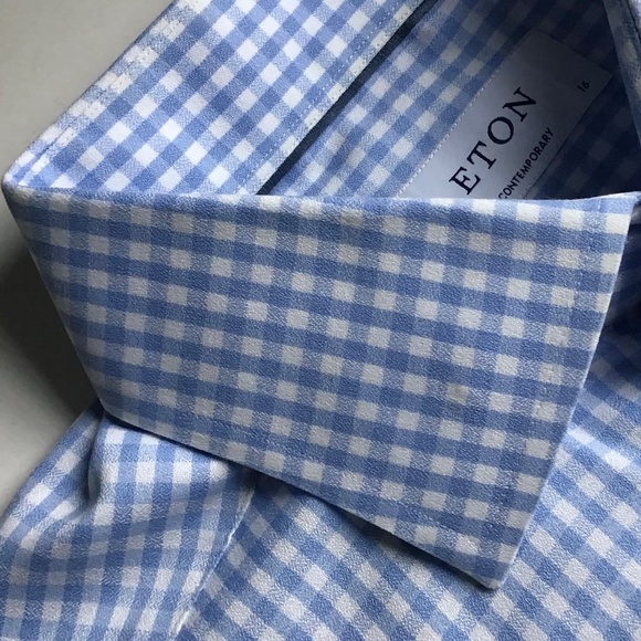ETON  light blue nice checkered dress cotton shirt Sz 16 made in Romania  🇷🇴 - Picture 8 of 10